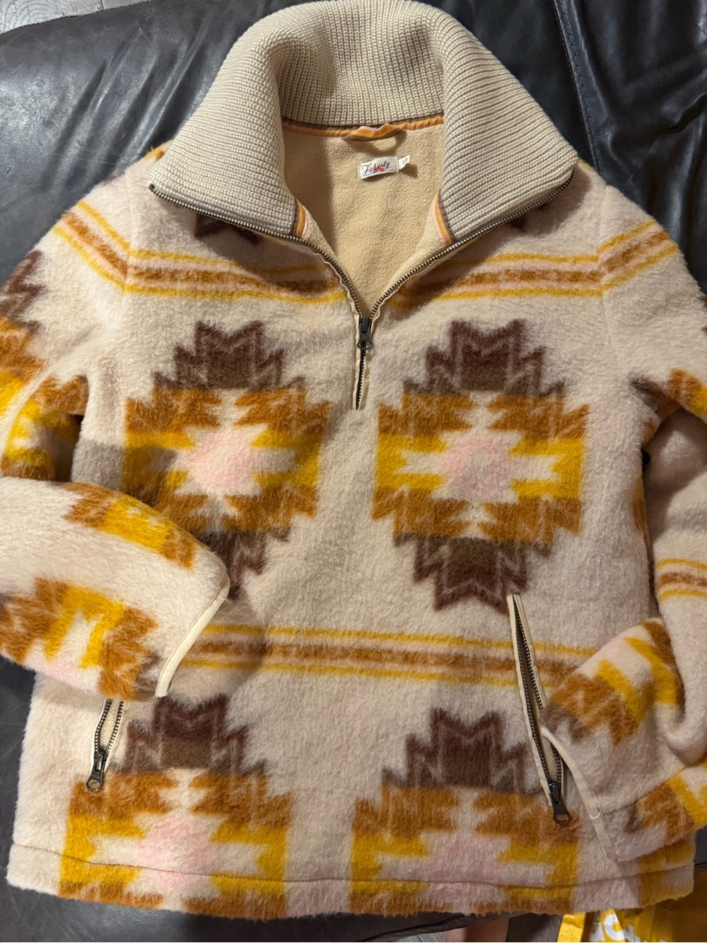 Faherty Cream Aztec Half-Zip Sweater with Yellow, Brown & Pink